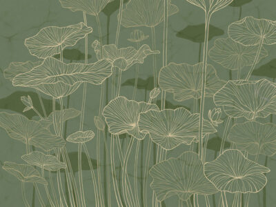 Minimalist water lilies line drawing green wall mural