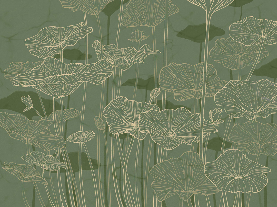 Minimalist water lilies line drawing green wall mural