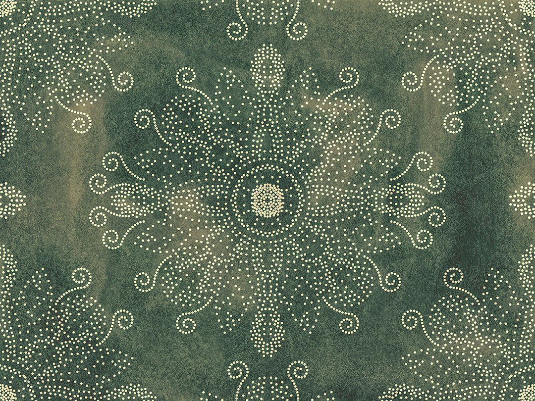 Dot art style wall mural with mandala on the green textured background