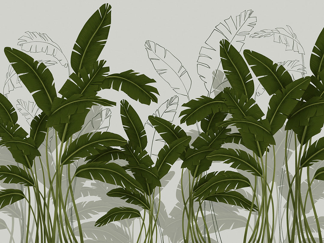 Green and gold tropical leaves on the light background wall mural