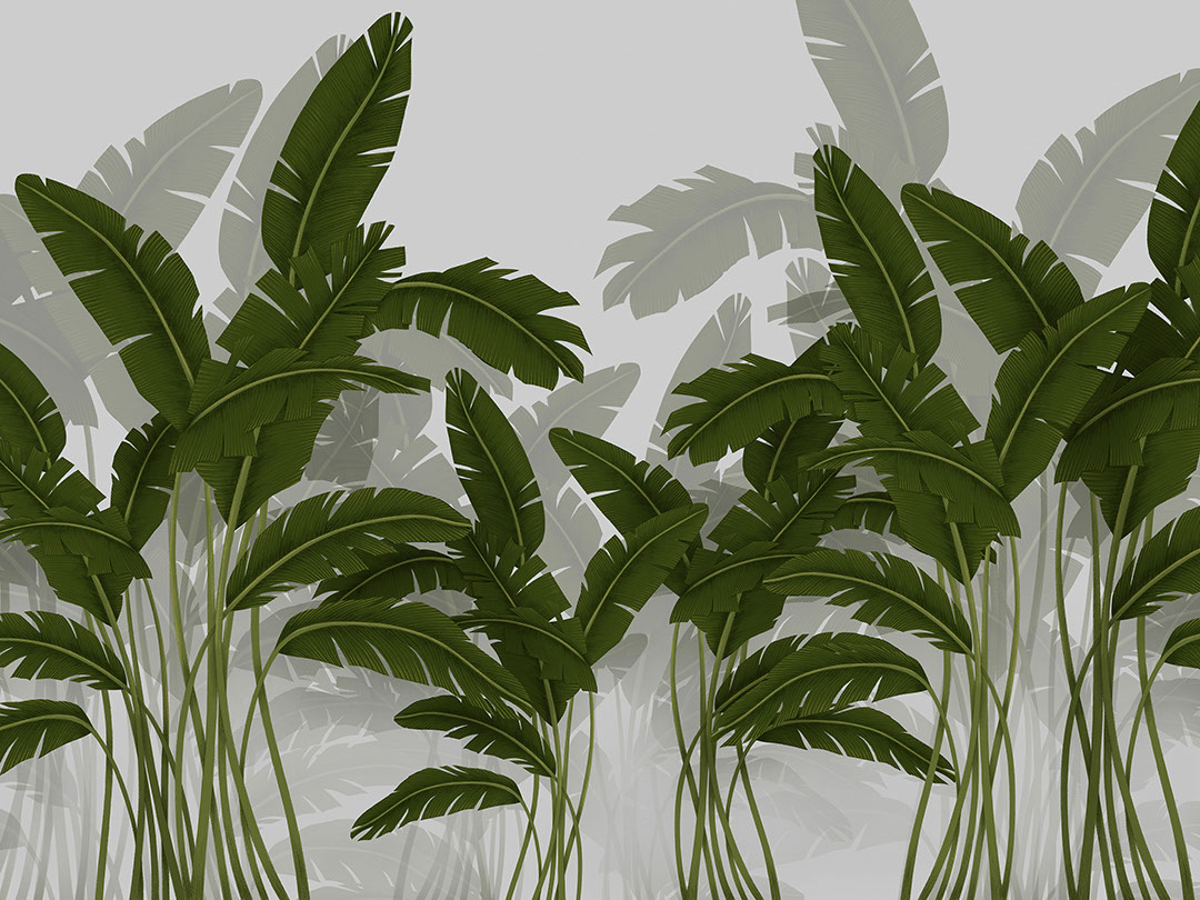Tropical illustrated navy green banana leaf wall mural
