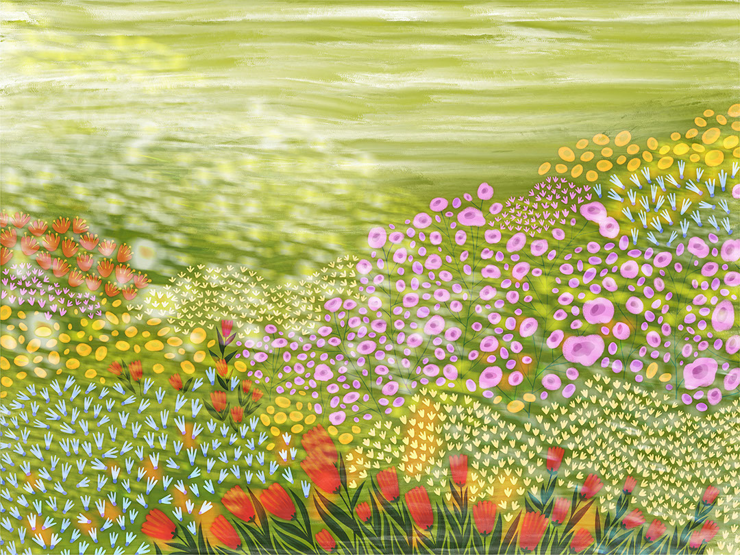 Abstract and bright wild flowers with fog wall mural