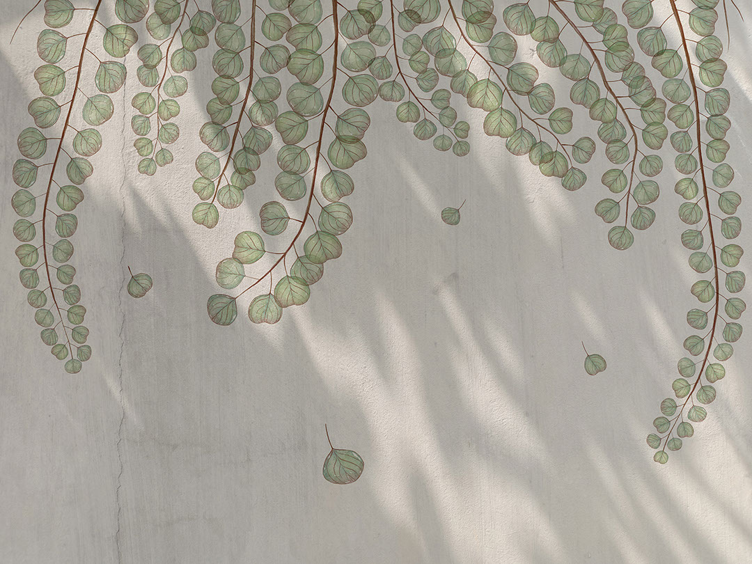 Overhanging botanical branches with sun glares wall mural