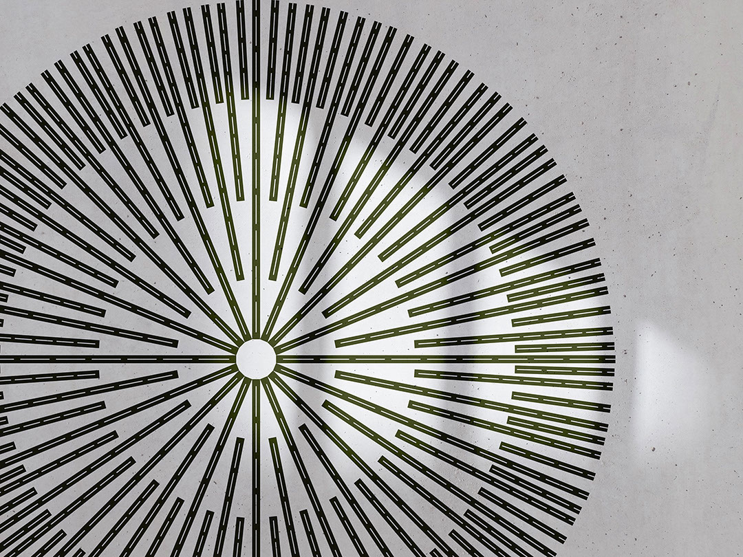 Asymmetric wall mural with a geometric circle on the white background
