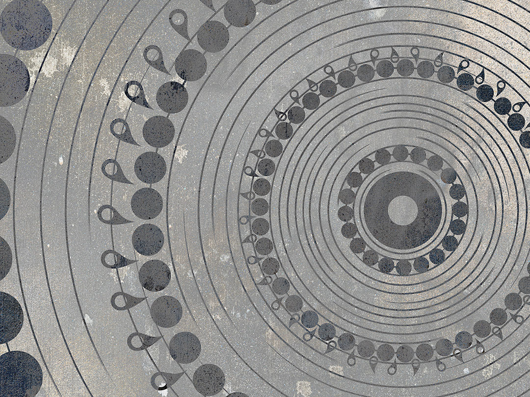 Mandala-inspired oversized geometric wall mural with grey pattern