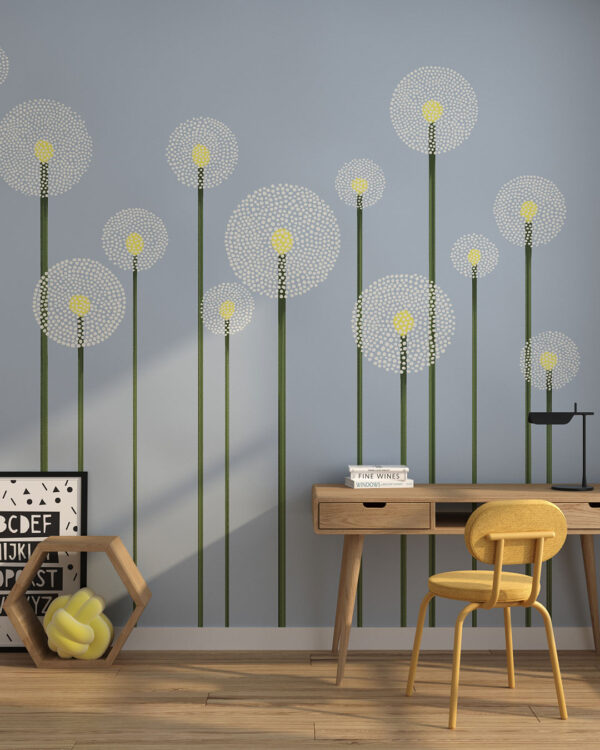 Illustrated minimalist dandelions wall mural for a children's room