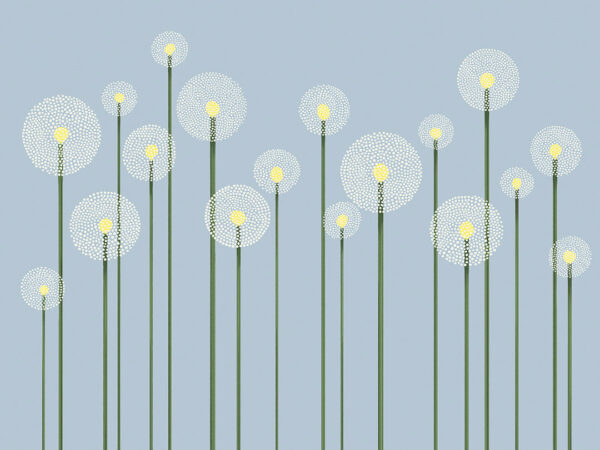 Illustrated minimalist dandelions on the blue background wall mural