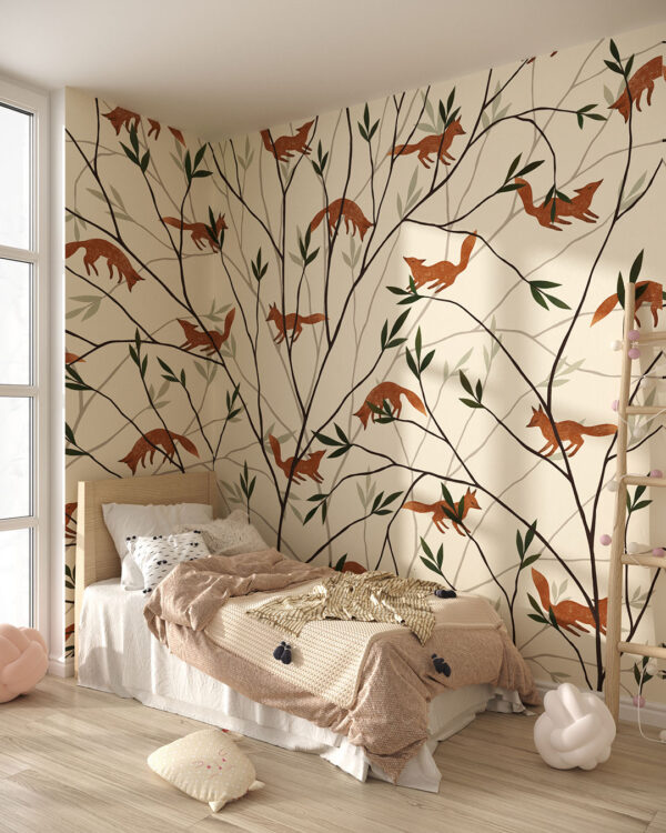 Little foxes on tree branches wall mural for a children's room