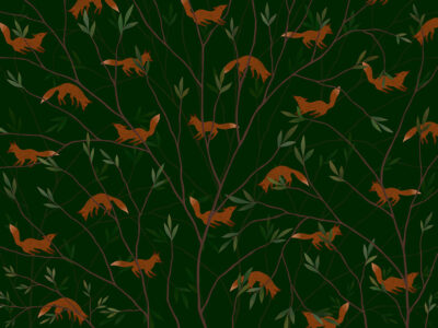 Little foxes on tree branches in dark forest wall mural