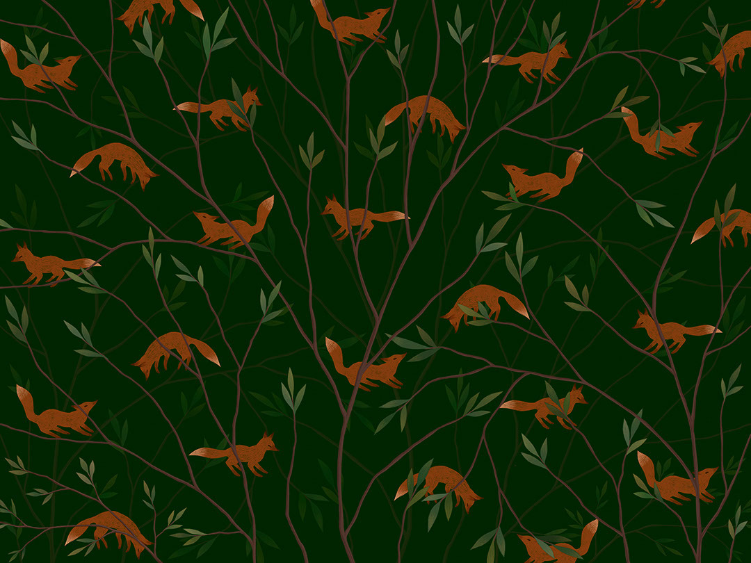 Little foxes on tree branches in dark forest wall mural