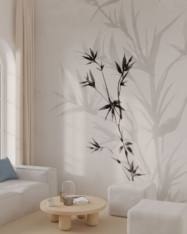 Neutral asymmetrical florals wall mural for the living room in Japandi style