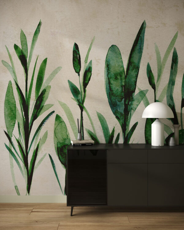 Watercolour botanicals wall mural for the living room