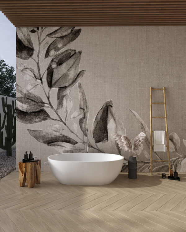 Oversized watercolour flower branch wall mural for the bathroom