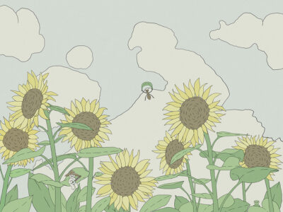 Delicate sunflower flowers with linear clouds wall mural