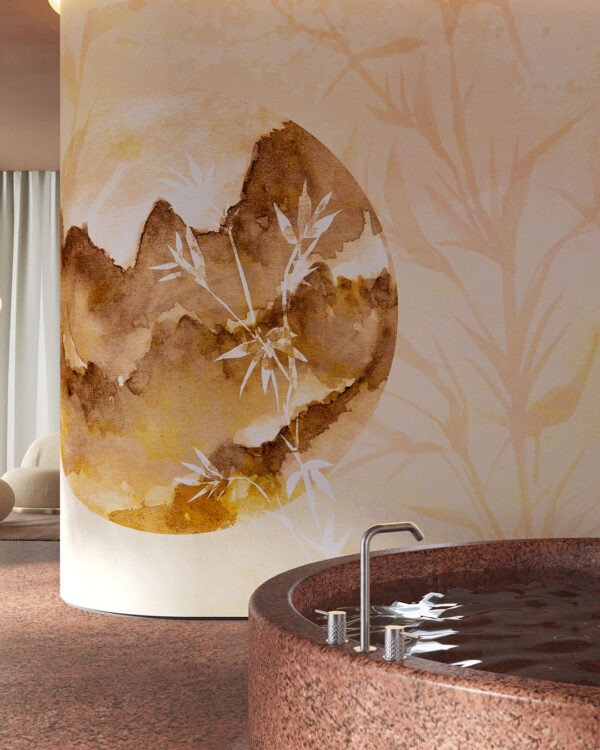 Asymmetric watercolour motif wall mural for the bathroom with bamboo and mountains in Asian style