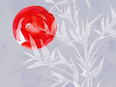 Asymmetric watercolour motif wall mural with bamboo and red sun in Asian style