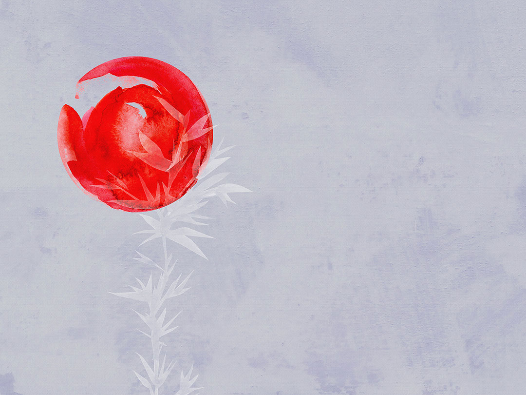 Asymmetric watercolour minimalistic wall mural with bamboo and red sun in Asian style