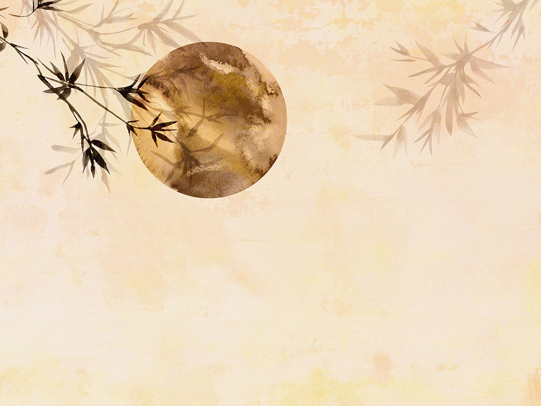 Asymmetric watercolour motif wall mural with bamboo and moon in Asian style