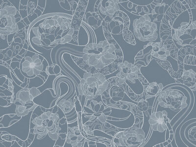 Tender linear snakes and flowers blue wall mural
