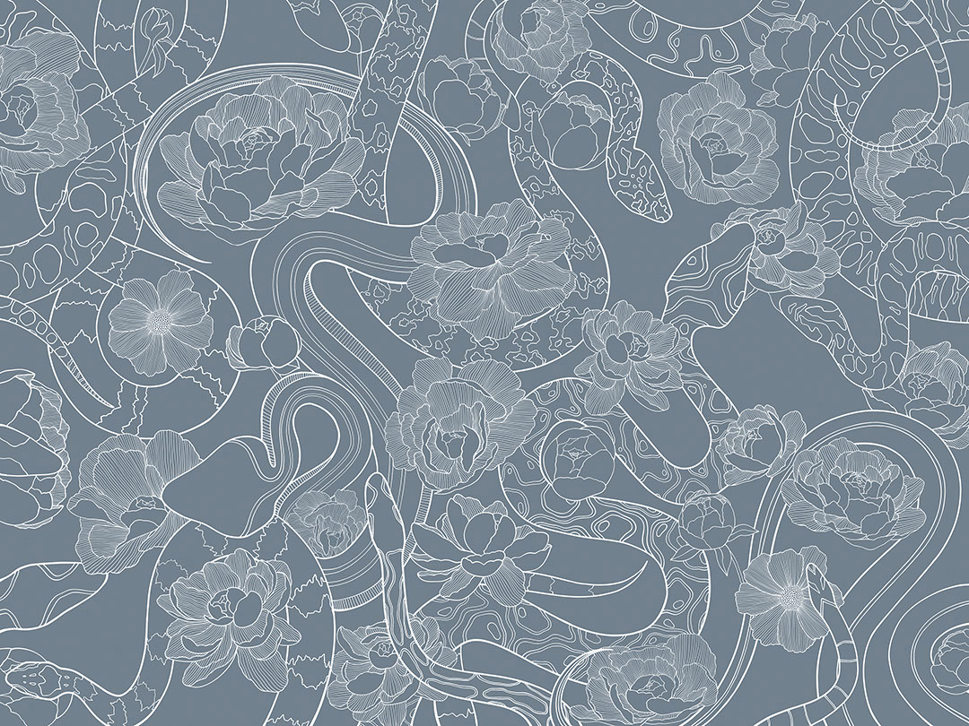 Tender linear snakes and flowers blue wall mural