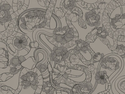 Tender linear snakes and flowers grey wall mural