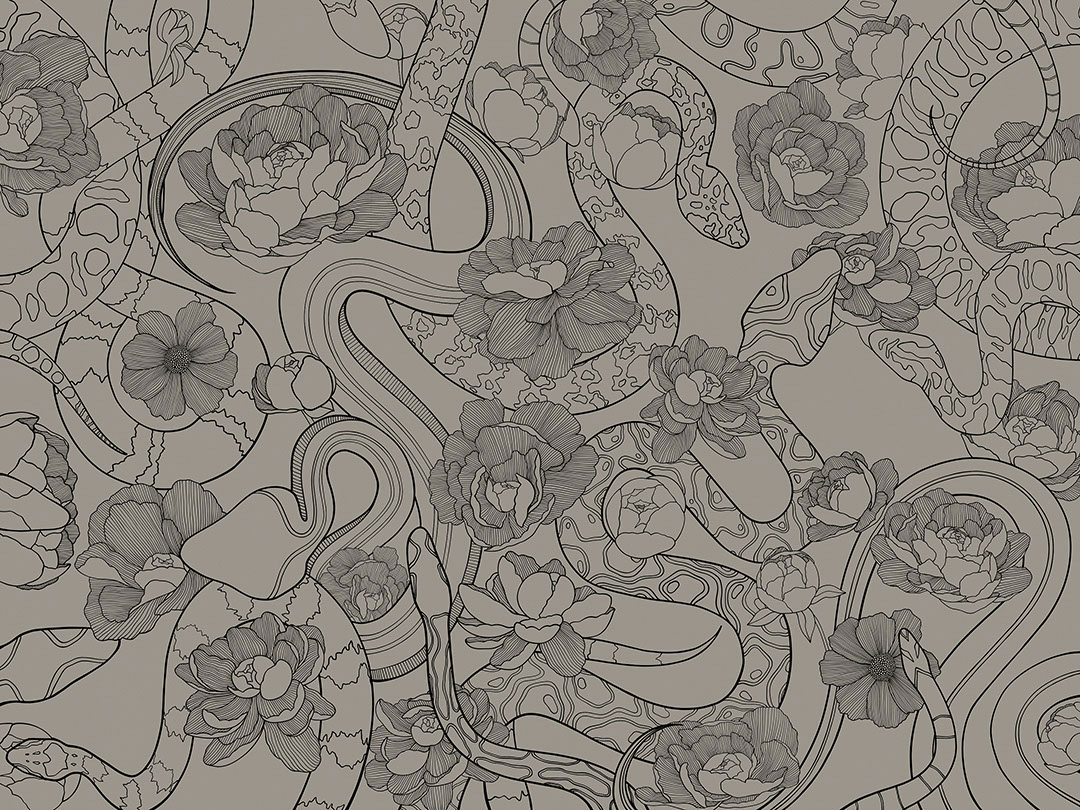 Tender linear snakes and flowers grey wall mural