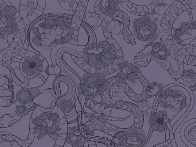 Tender linear snakes and flowers purple wall mural