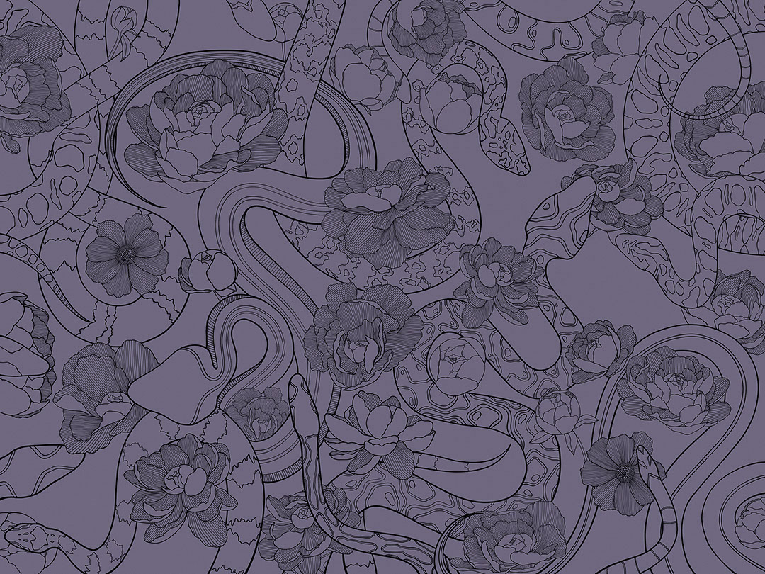 Tender linear snakes and flowers purple wall mural
