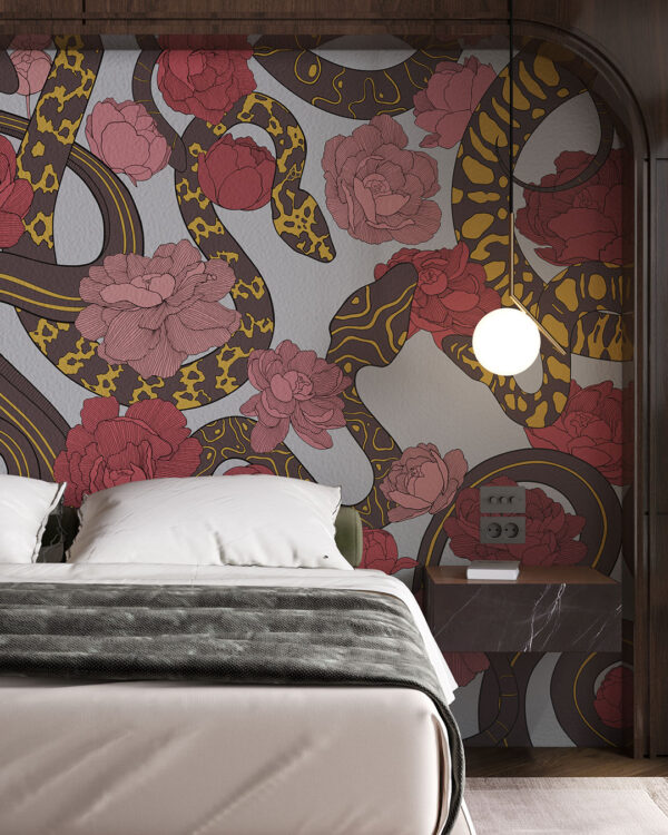 Bright and colourful snakes and flowers wall mural for the bedroom