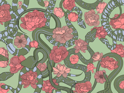 Green snakes and red flowers wall mural