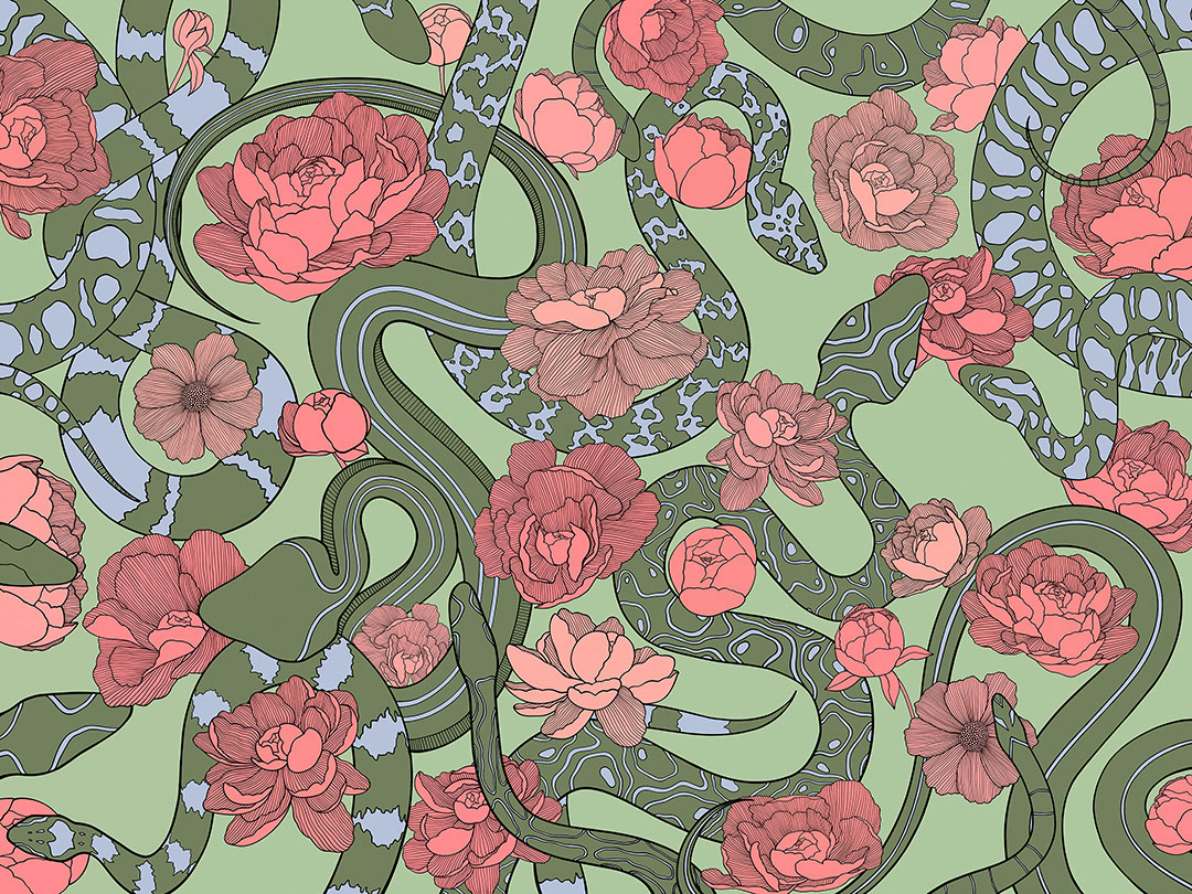 Green snakes and red flowers wall mural