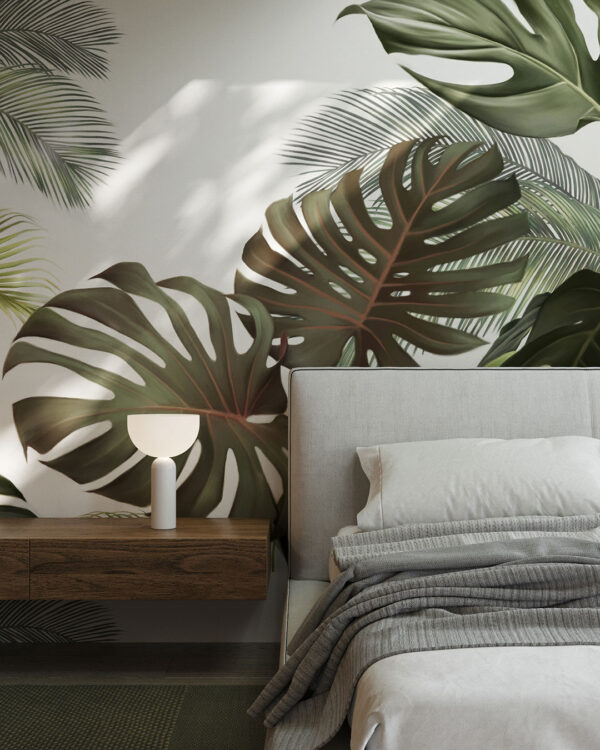 Tropical maximalist monstera and palm leaf wall mural for the bedroom