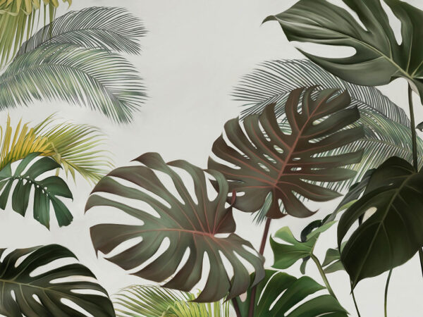 Tropical maximalist monstera and palm on a light background wall mural