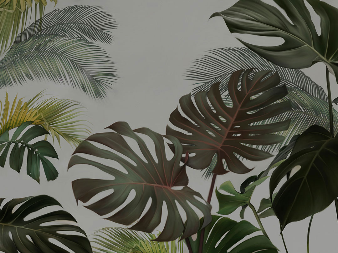 Tropical maximalist monstera and palm on a grey background wall mural