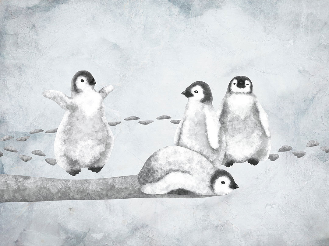 Watercolor black and white penguins on the textured background kids wall mural