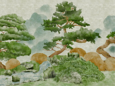 Detailed engraved forest in misty green colours textured wall mural