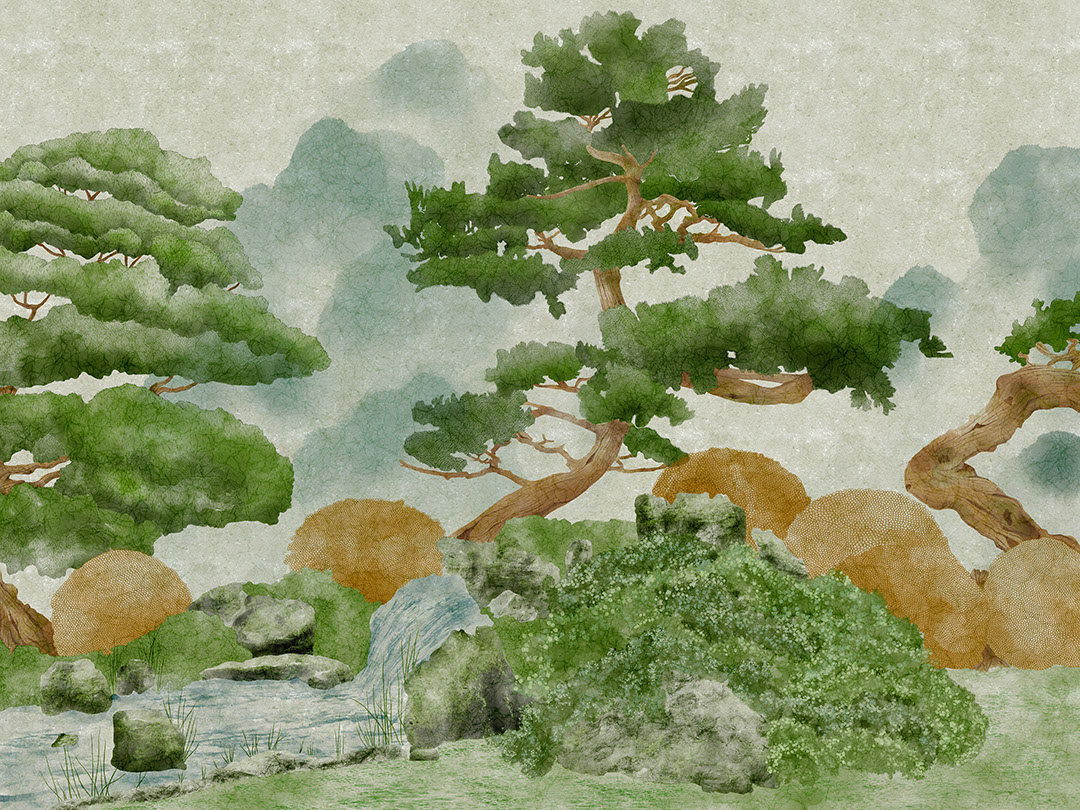 Detailed engraved forest in misty green colours textured wall mural