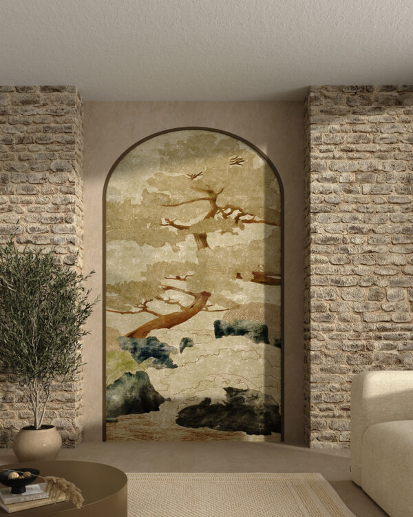 Minimalist engraved trees and rocks wall mural for the living room