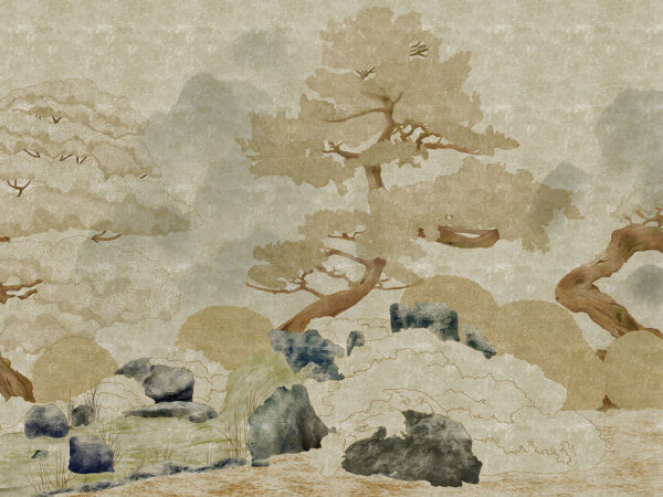 Minimalist engraved beige trees and rocks wall mural