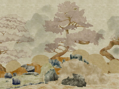 Minimalist engraved textured trees and rocks wall mural