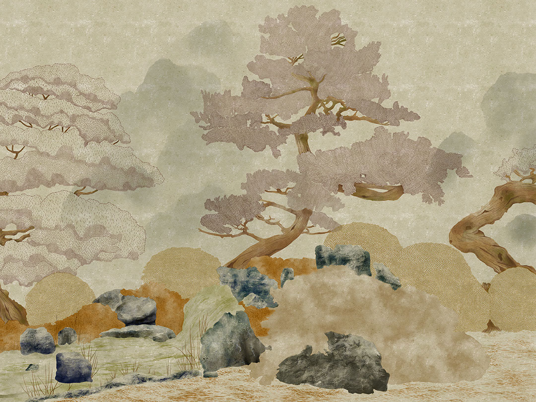 Minimalist engraved textured trees and rocks wall mural