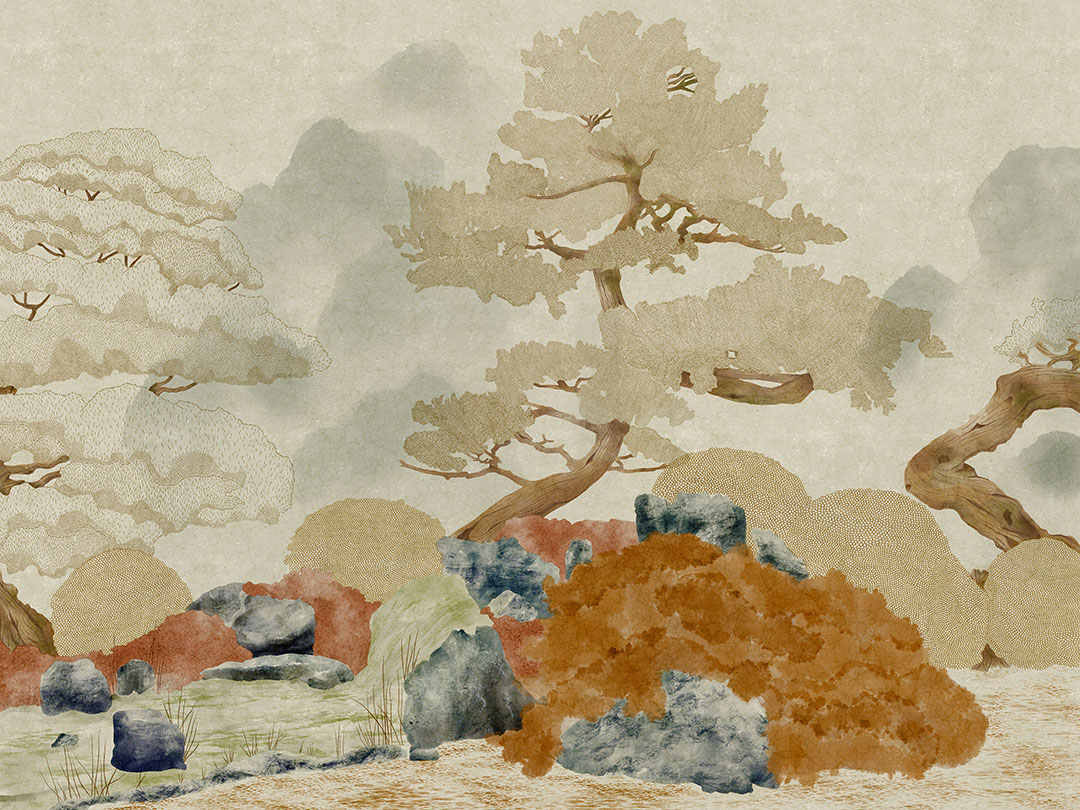 Minimalist engraved trees and rocks wall mural