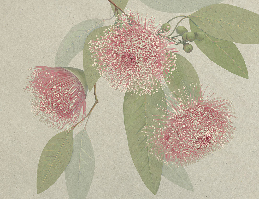 Maximalistic pink flowers with delicate leaves wall mural