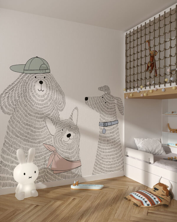 Minimalist graphic-styled wall mural for a children's room with three puppies