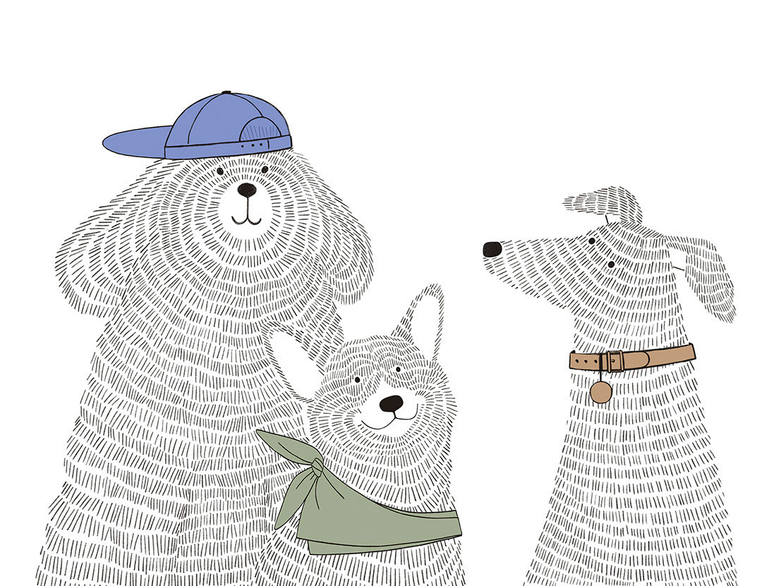 Minimalist graphic-styled wall mural with three funny puppies