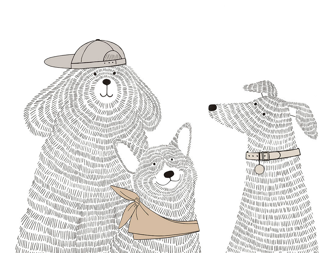 Minimalist graphic-styled wall mural with three puppies in accessories