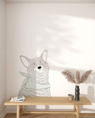 Minimalist graphic-styled wall mural for a children's room with a Corgi dog