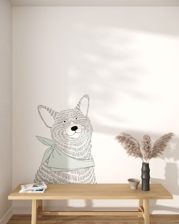 Minimalist graphic-styled wall mural for a children's room with a Corgi dog