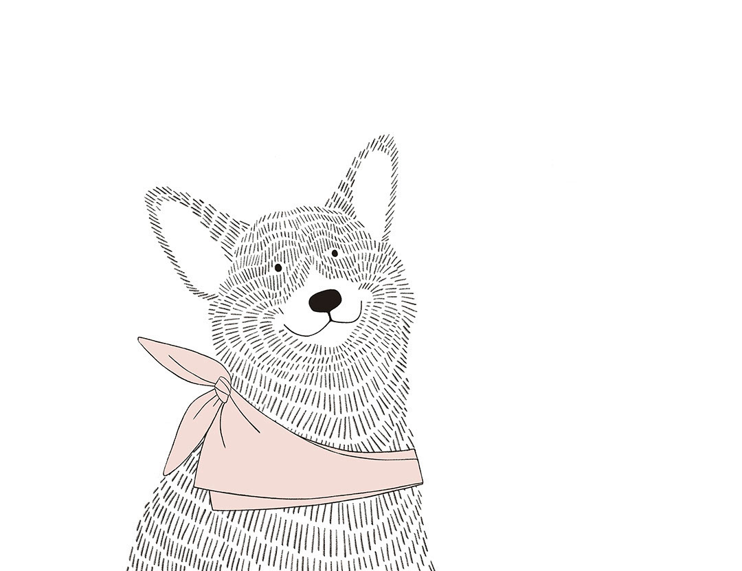 Minimalist graphic-styled wall mural with a Corgi dog in pink shawl