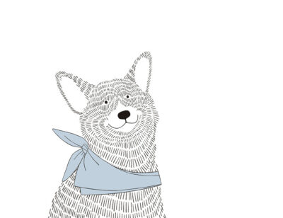 Minimalist graphic-styled wall mural with a Corgi dog in indigo shawl
